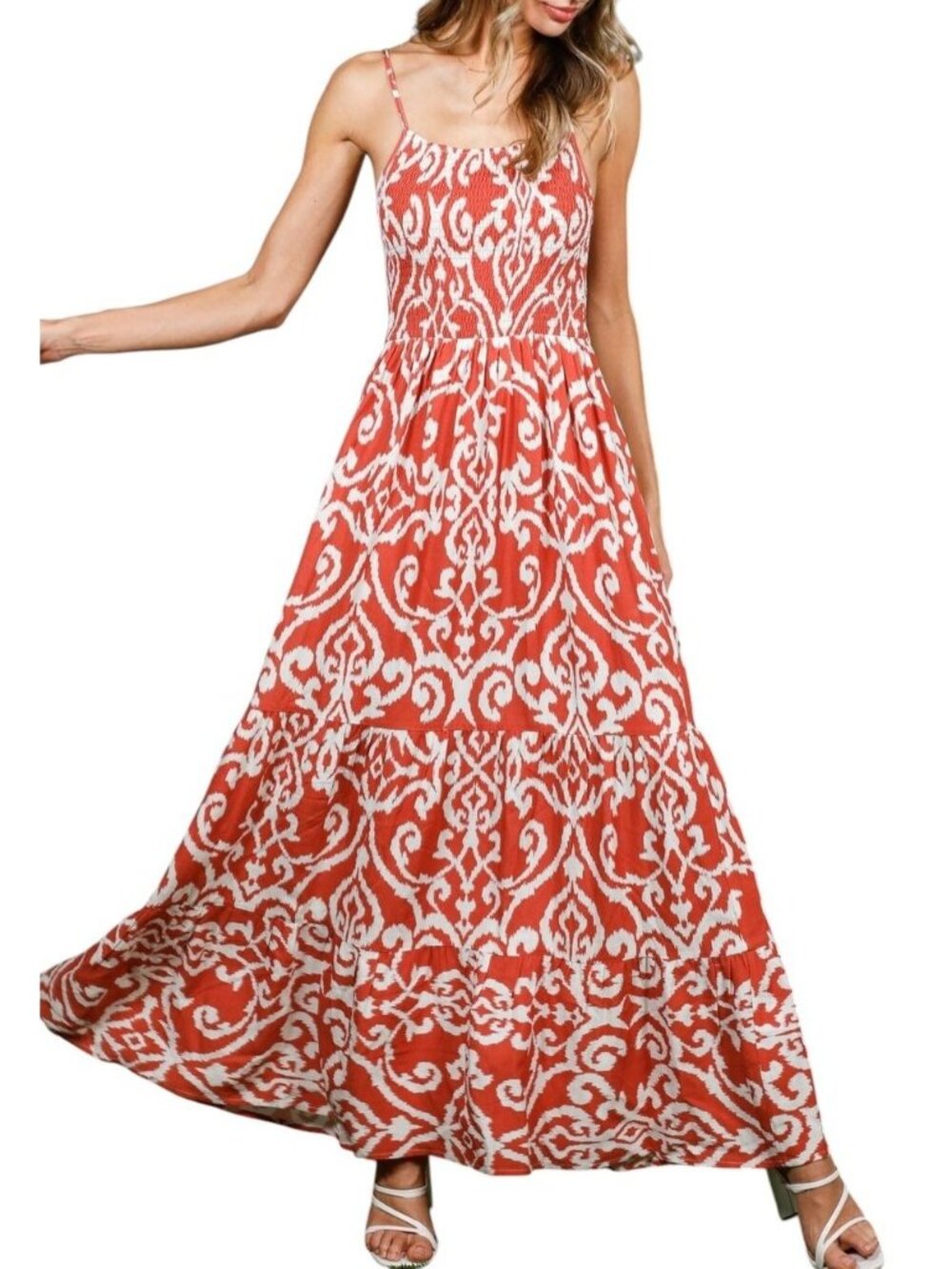 Emily Daniels Women's XL Smocked Pockets Aztec Print Tiered Strappy Maxi Dress